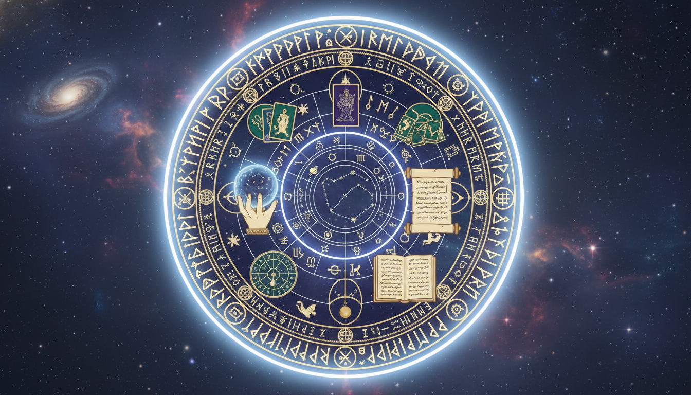 Древни руни и символи, изобразяващи гадателски практики, заобиколени от мистична светлина