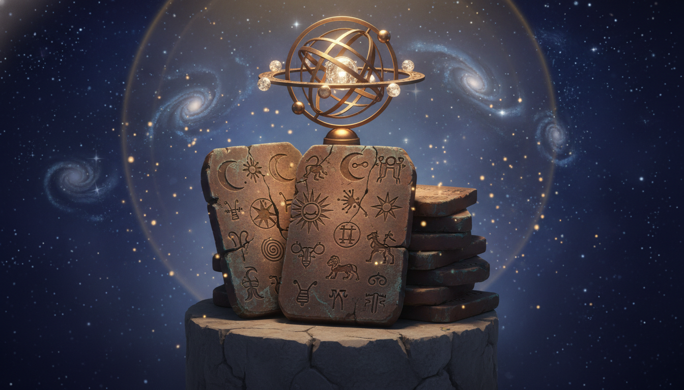 Древни клинописни плочи с астрологични символи и звезди