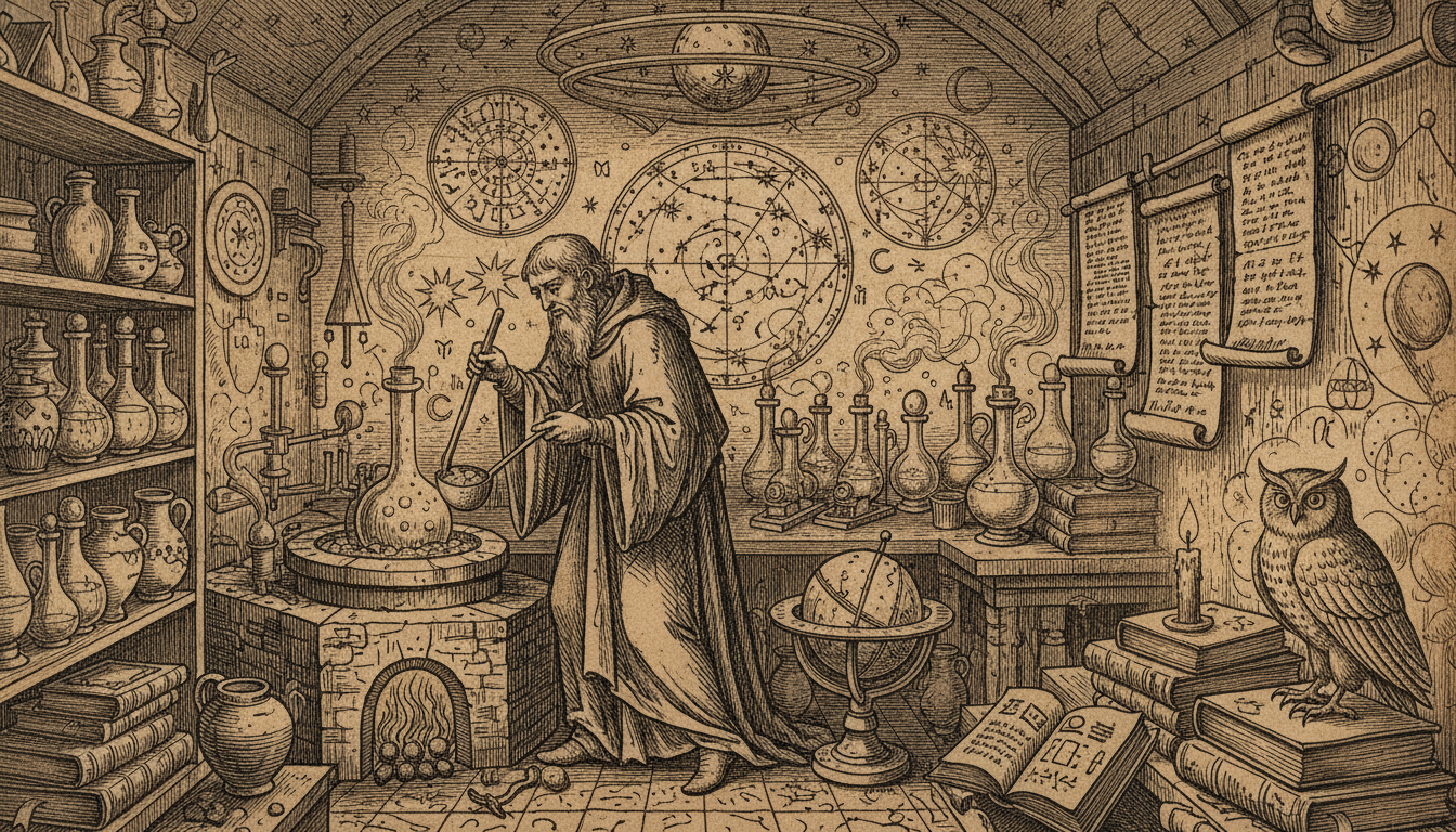 Средновековен гравюра на алхимик, работещ в лаборатория, заобиколен от книги и астрологични символи