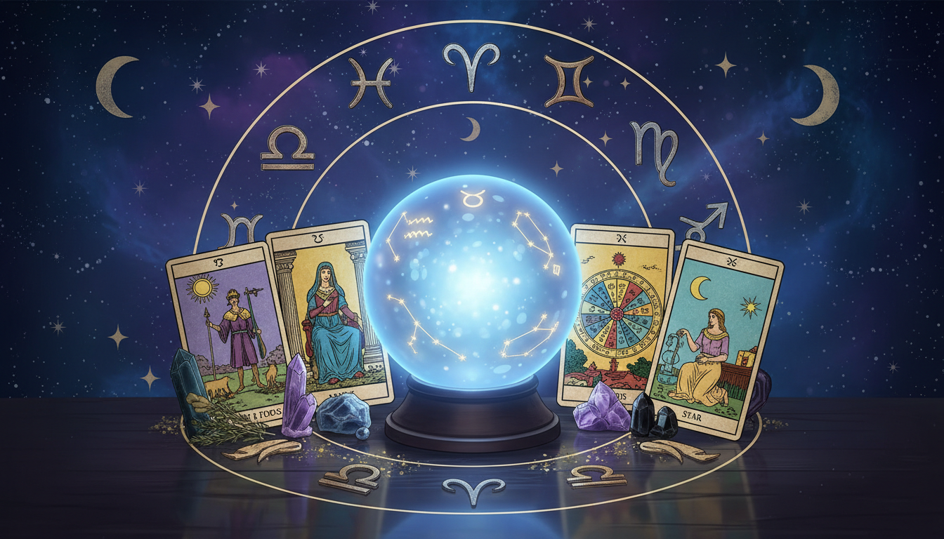Различни астрологични символи и карти Таро, подредени около кристална топка