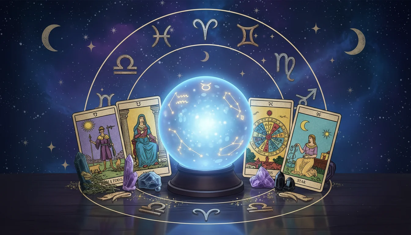 Различни астрологични символи и карти Таро, подредени около кристална топка