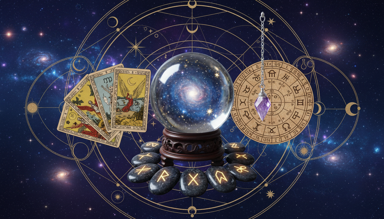 Колаж от различни инструменти за врачуване - карти Таро, кристална топка, руни, махало