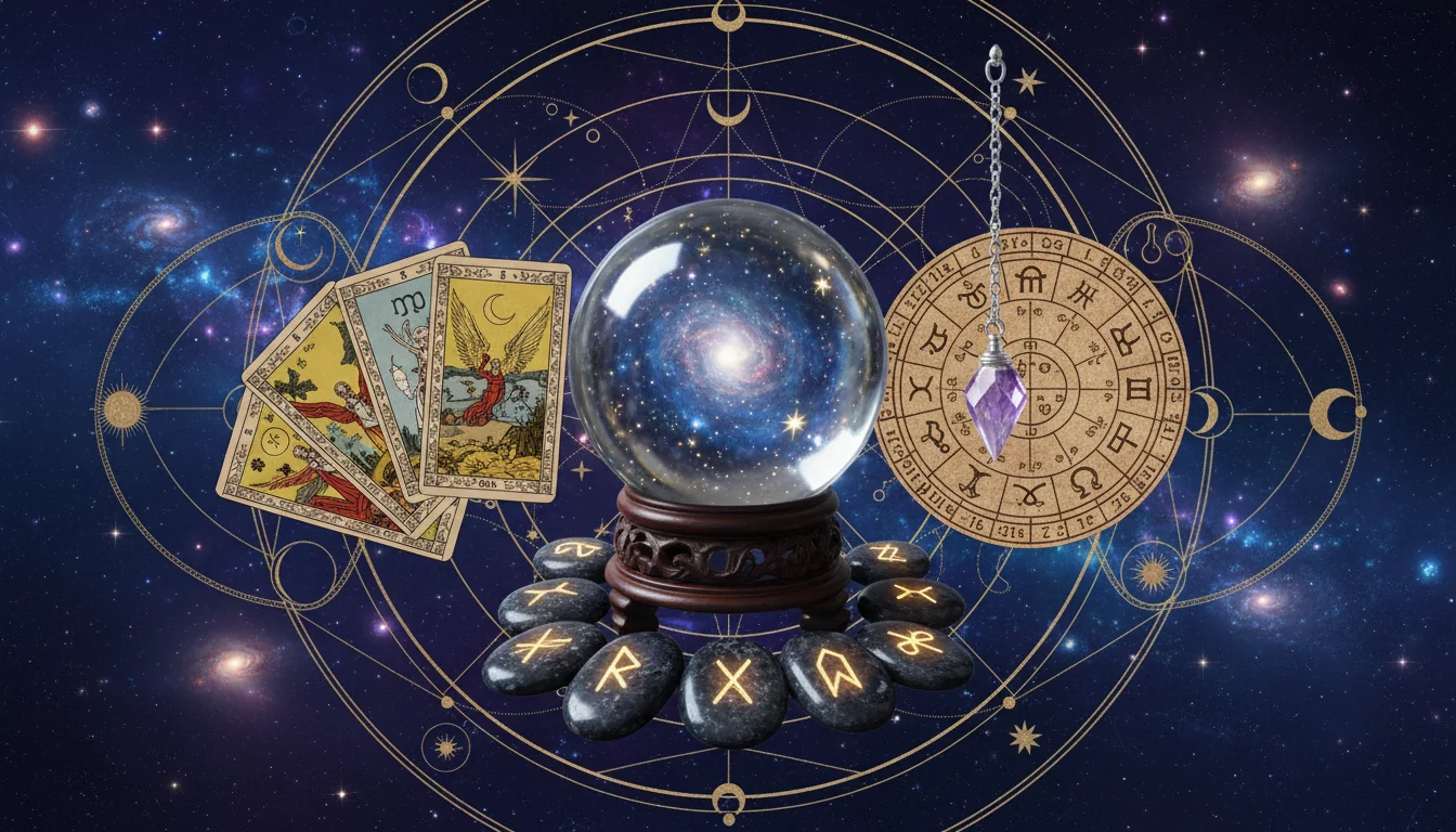 Колаж от различни инструменти за врачуване - карти Таро, кристална топка, руни, махало