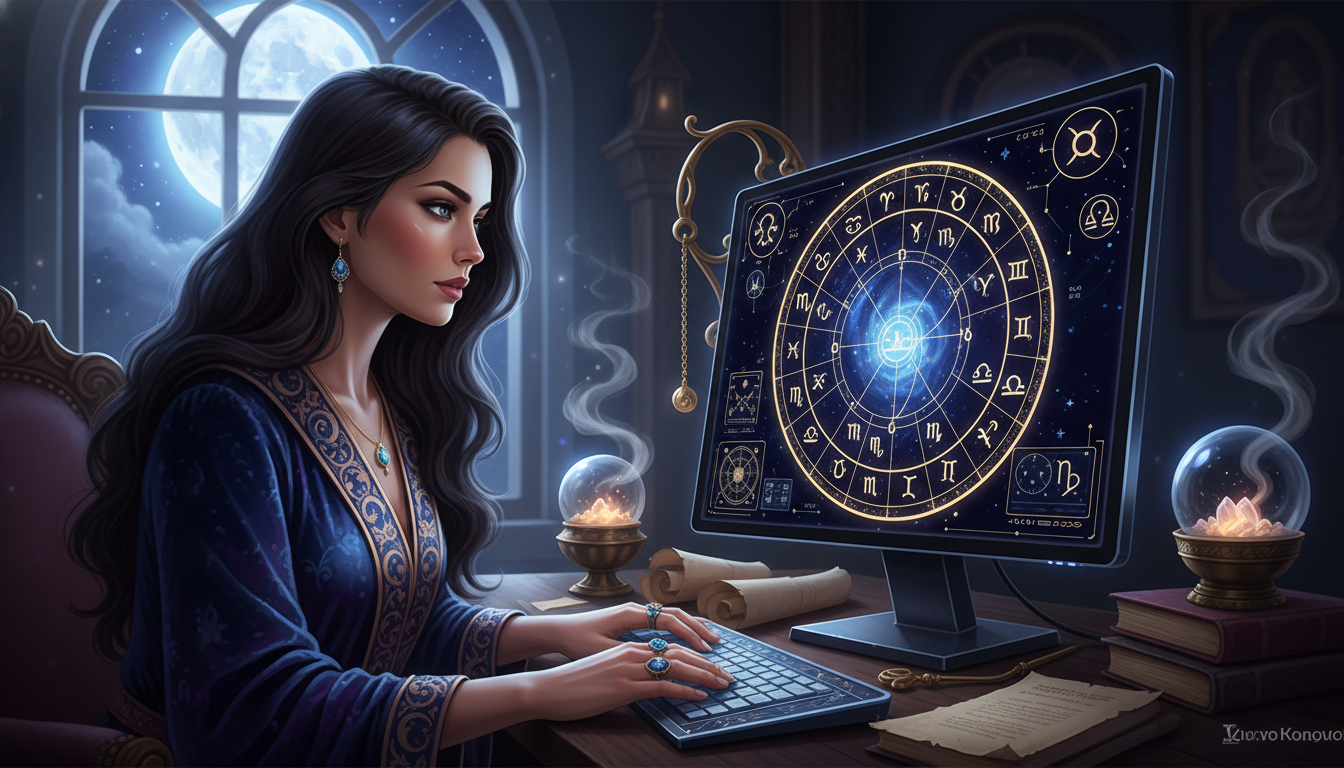 Астролог, който разглежда натална карта на компютър
