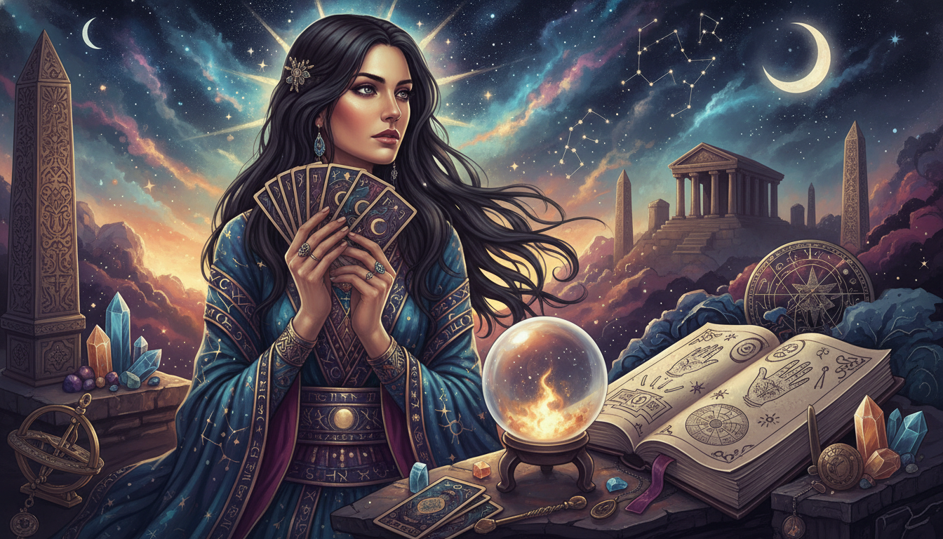 Жена, която държи карти Таро и изглежда замислена