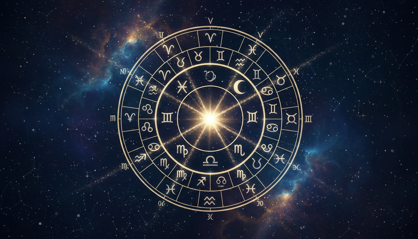 Стилизирано изображение на натална карта с планети, зодиакални символи и линии, излъчващи звездна светлина