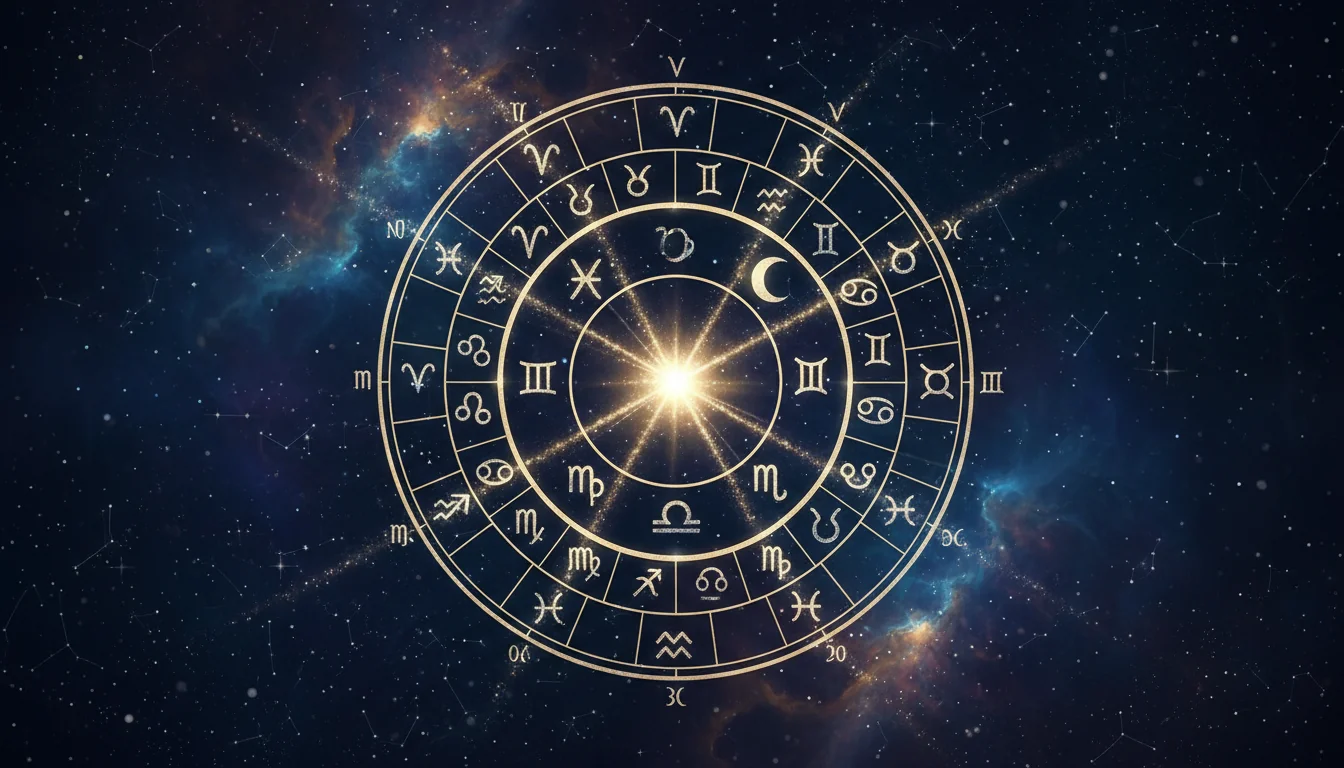 Стилизирано изображение на натална карта с планети, зодиакални символи и линии, излъчващи звездна светлина