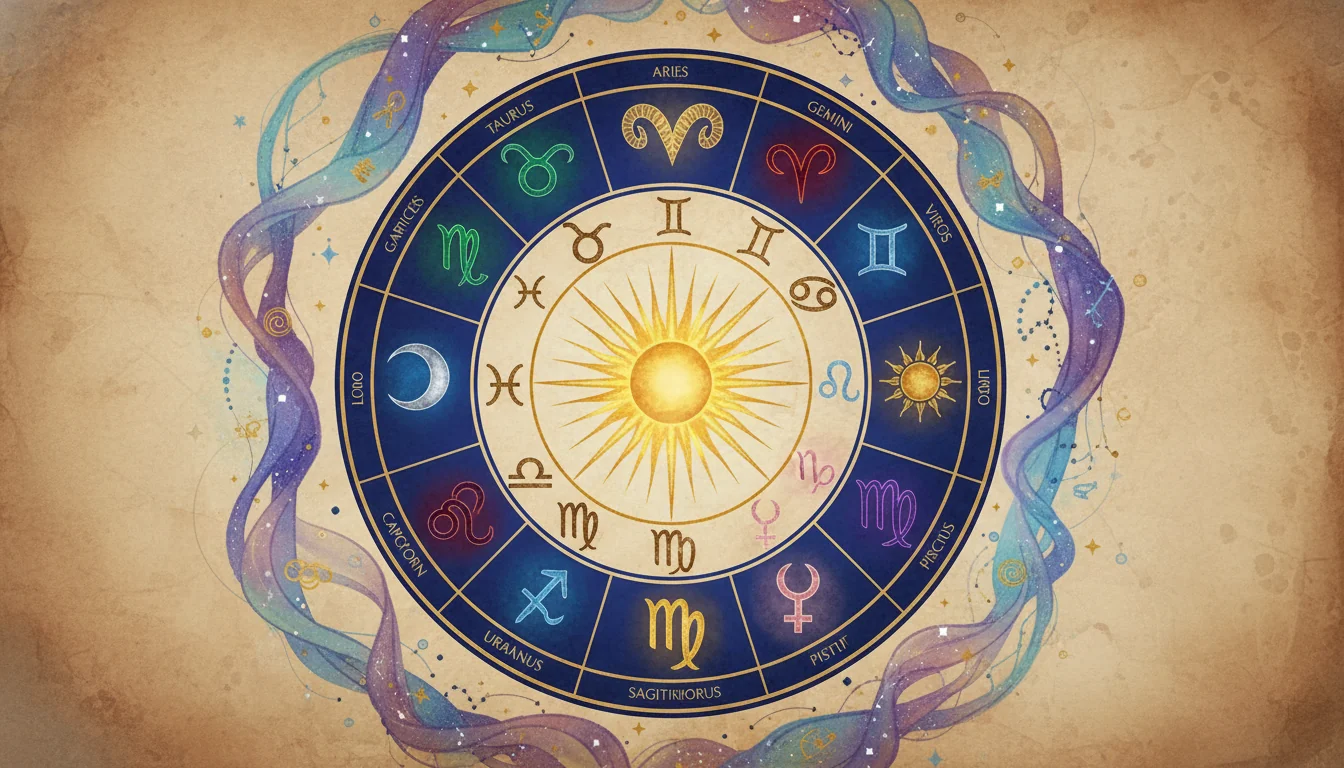 Илюстрация на зодиакалния кръг, разделен на 12 сектора, с планети, разположени във всеки знак