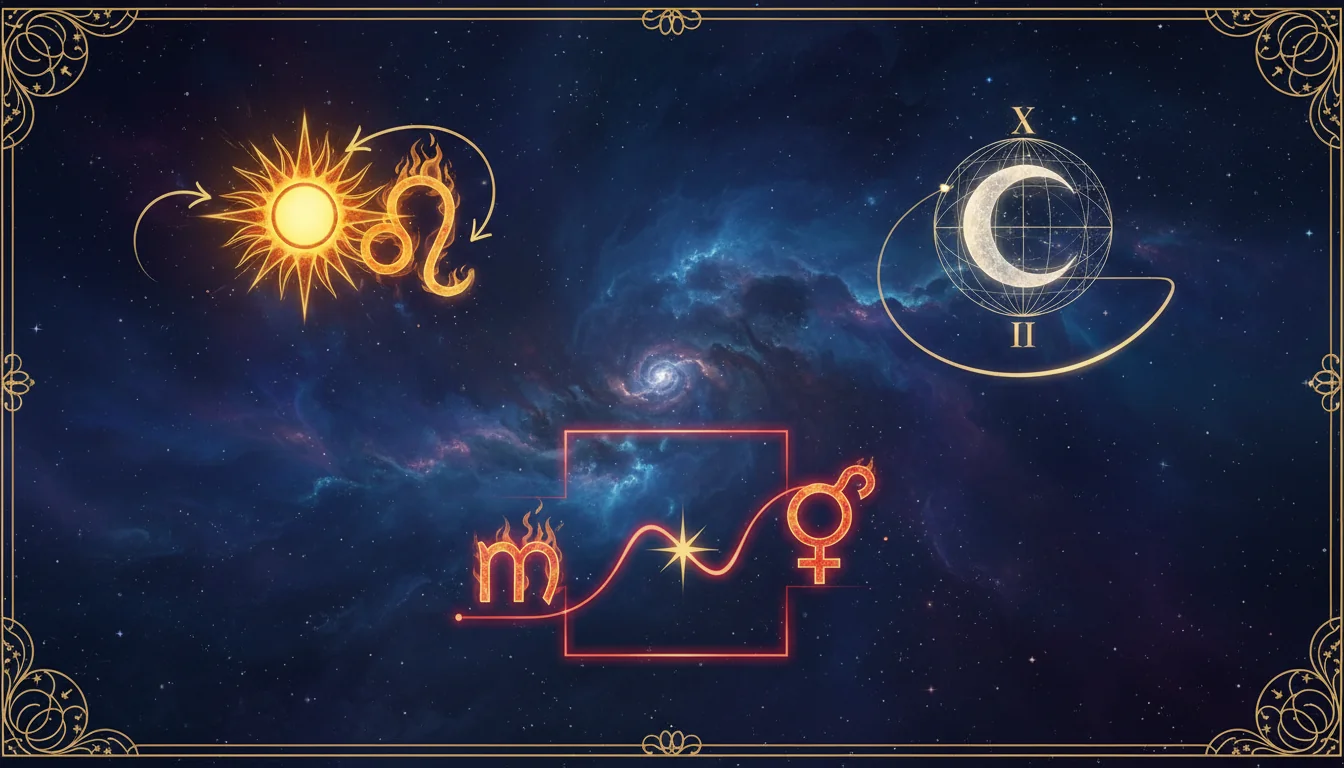 Изображение, показващо различни части от наталната карта - планета в знак, планета в дом, аспект между две планети
