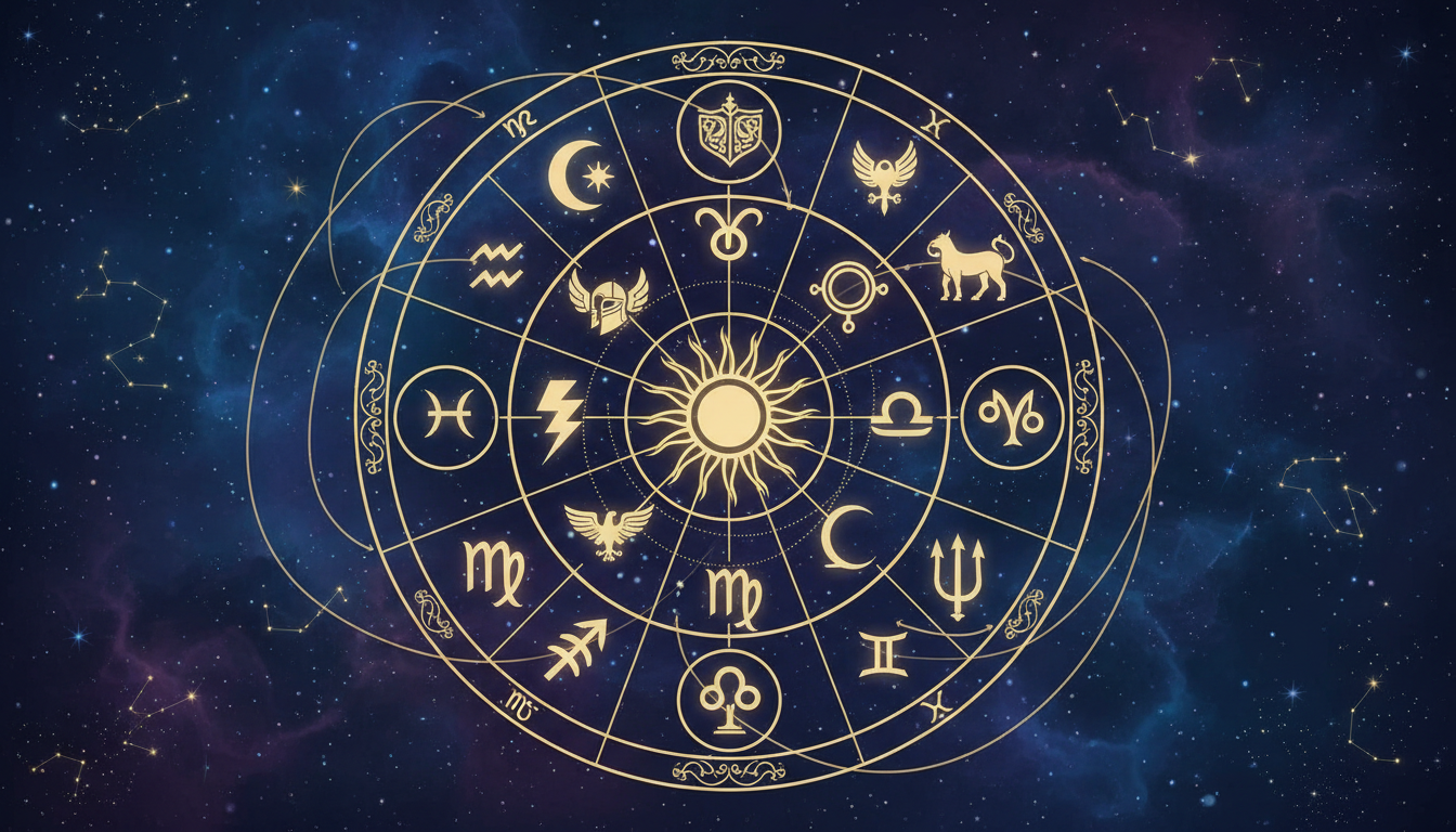 Примерна натална карта, където са маркирани ключови планетарни позиции и домове