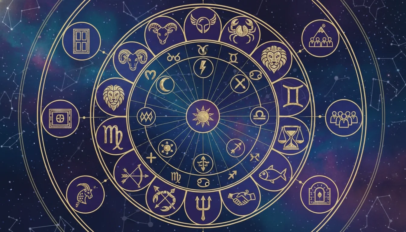 Схема, показваща връзката между планети, знаци и домове