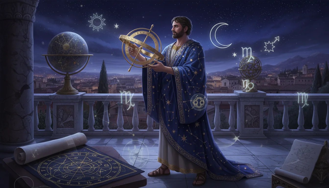 Древноримски астролог, наблюдаващ звездите с астролабия