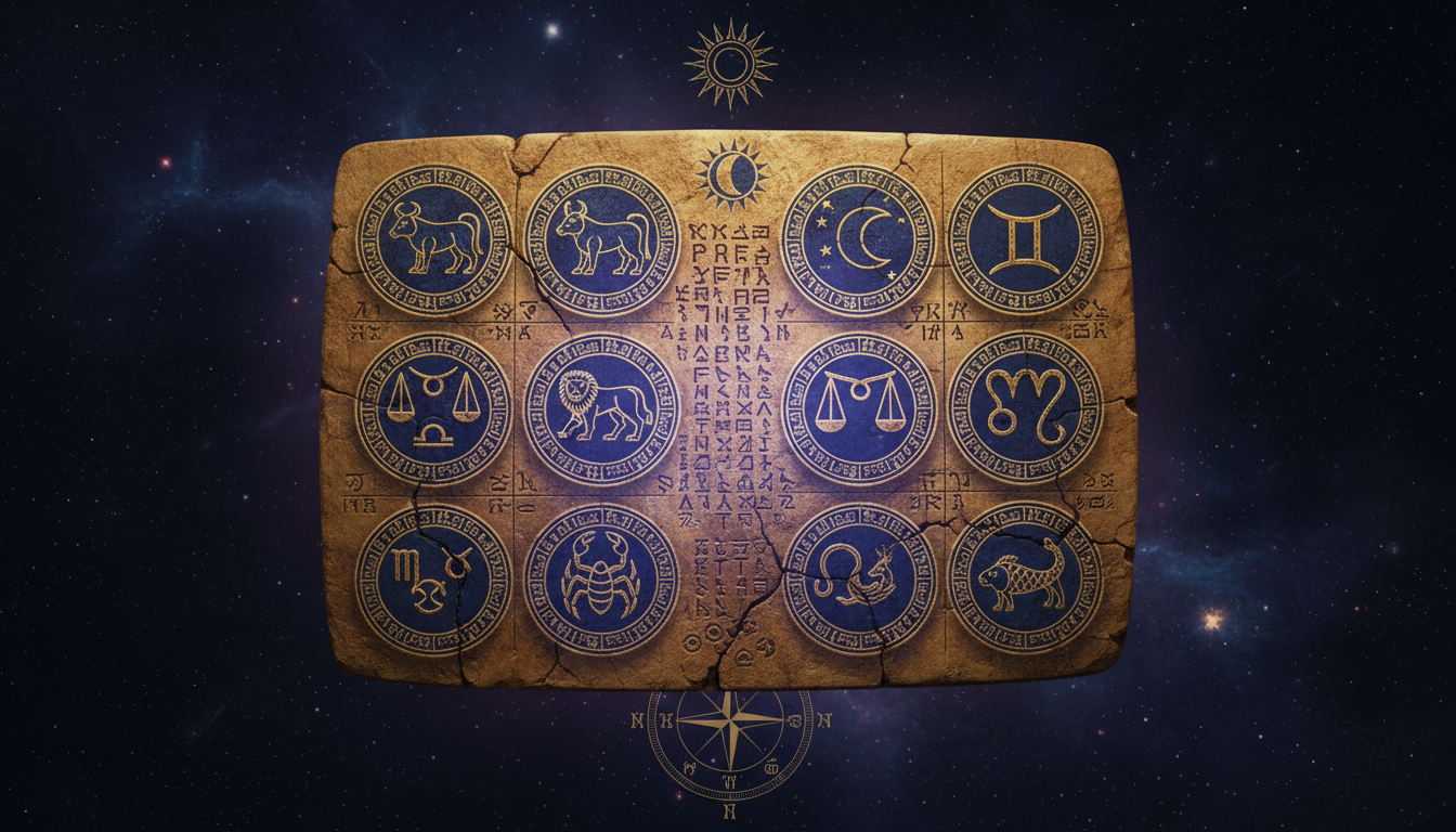 Древно вавилонско клинописно плочка с астрономически записи и зодиакални символи