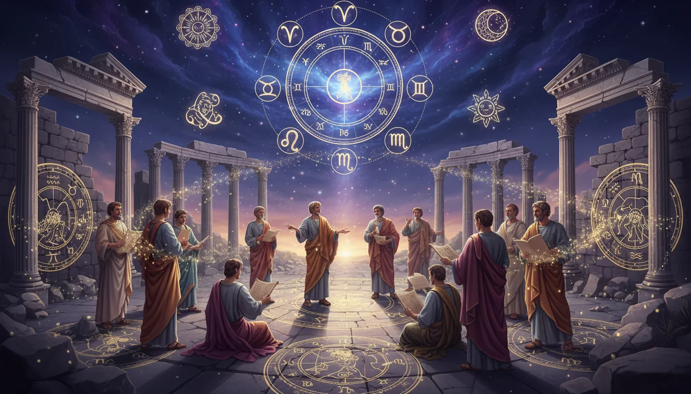 Древноримски форум с хора, обсъждащи свитъци, на заден план - небесни символи