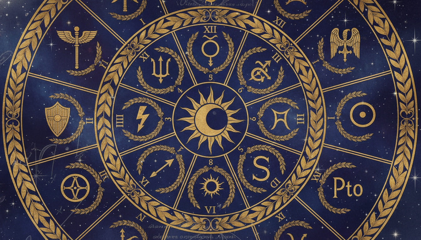 Изображение на древноримска карта на небето, разделена на 12 сектора (домове) с планетарни символи