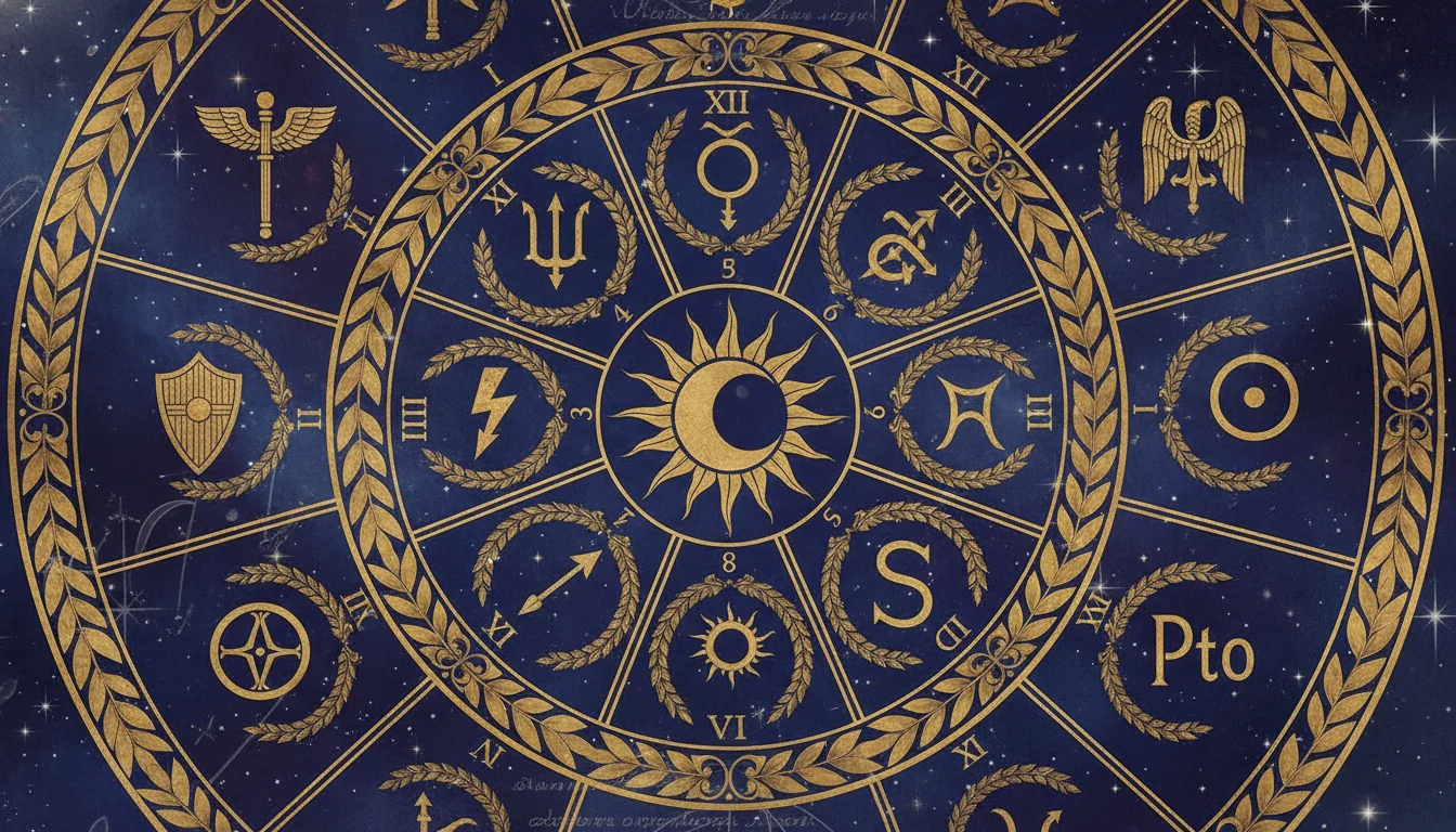 Изображение на древноримска карта на небето, разделена на 12 сектора (домове) с планетарни символи