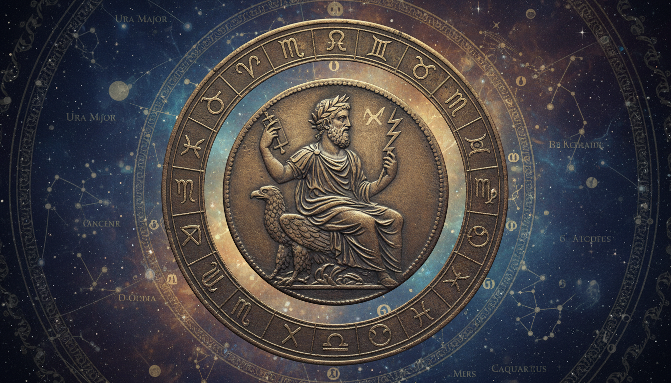 Древноримска монета с изображение на Юпитер и астрологични символи