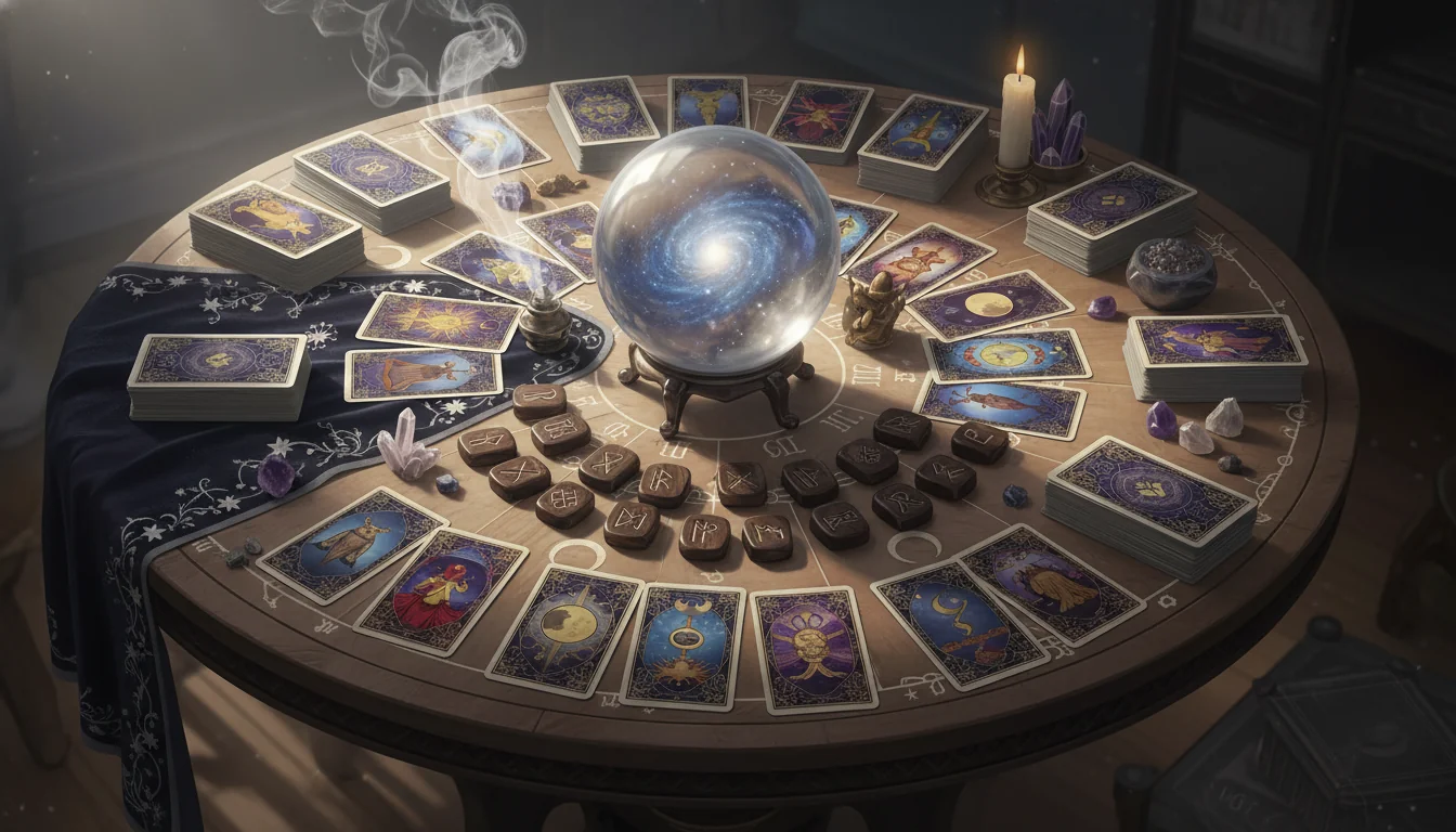 Разнообразни гадателски инструменти - Таро карти, кристална топка, руни, карти за оракул, разпръснати на маса
