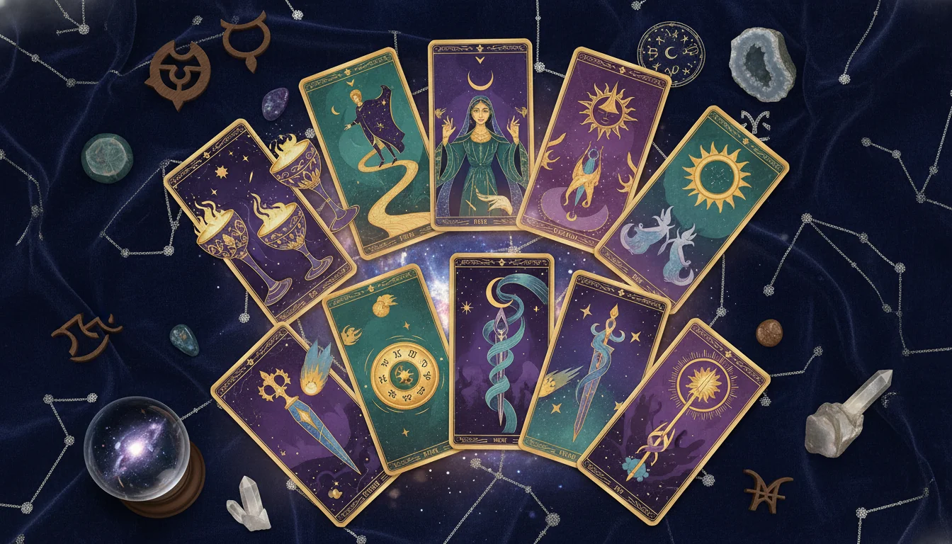 Комплект Таро карти, включително Големи и Малки Аркани, разпръснати върху тъмен плат