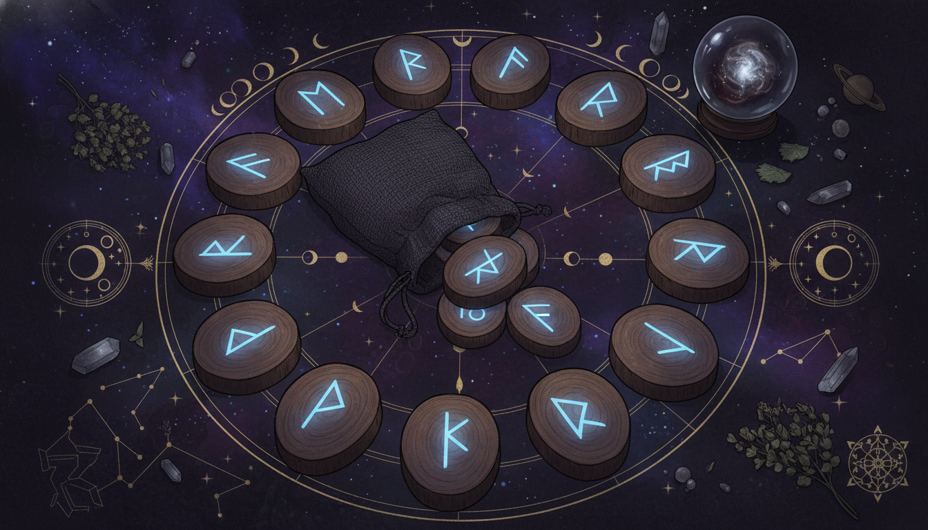 Дървени руни, подредени в кръг или торбичка, с рунически символи