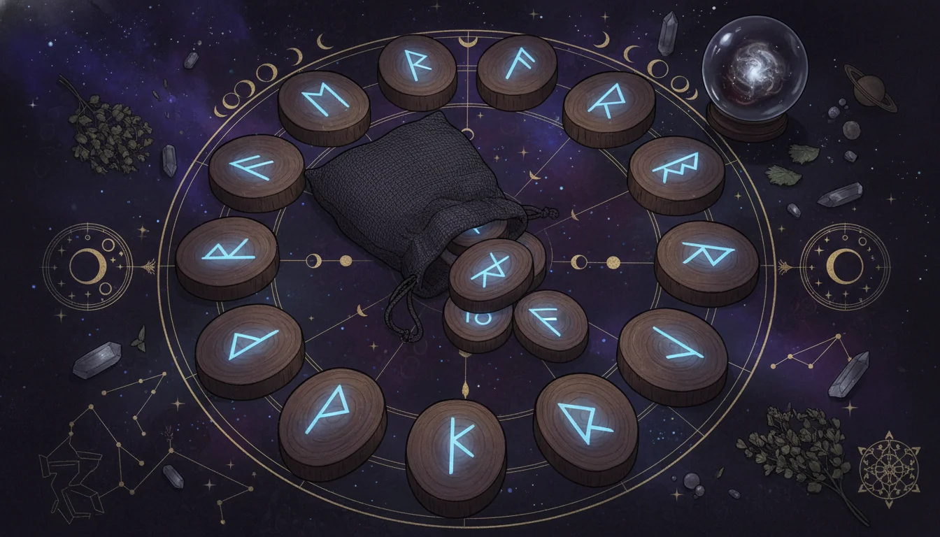 Дървени руни, подредени в кръг или торбичка, с рунически символи