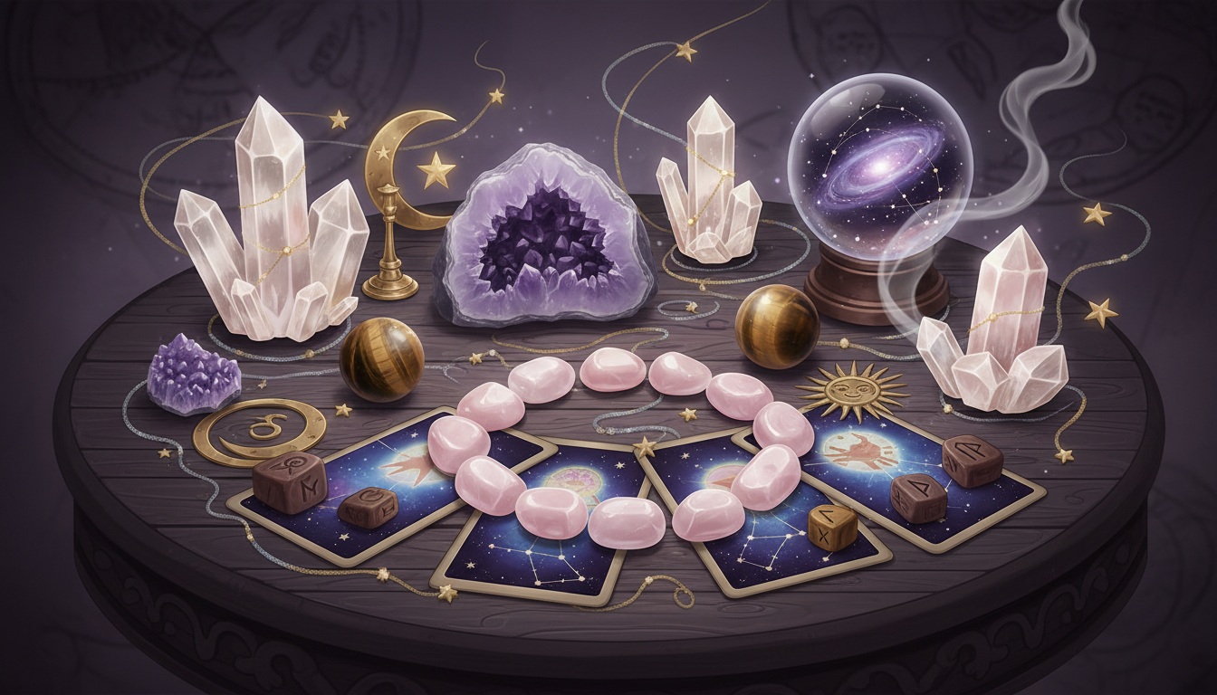 Различни видове кристали - кварц, аметист, розов кварц, тигрово око, подредени на маса