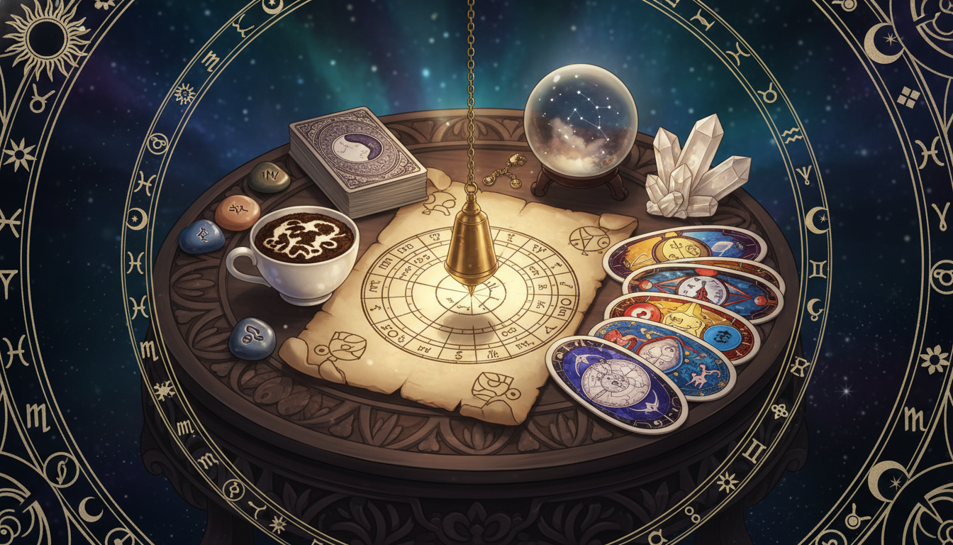 Различни предмети за гадаене - маятник, кафе утайка, карти за оракул, подредени