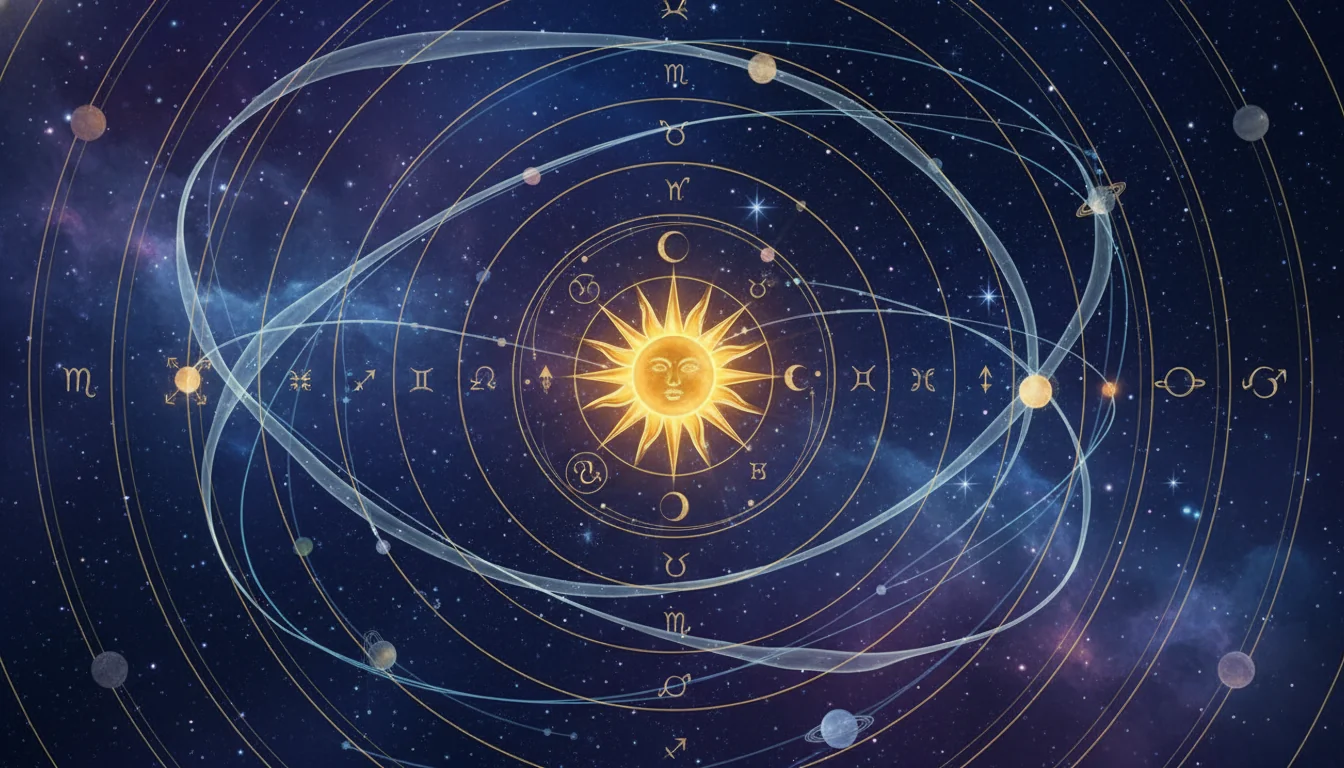 Звездно небе с планетарни орбити и линии, символизиращи движение