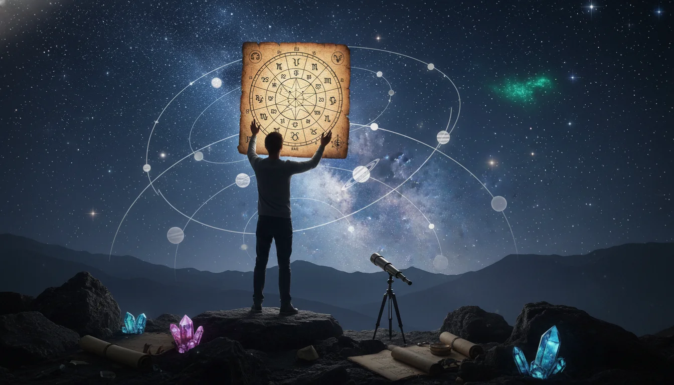 Човек, който гледа към звездно небе с астрологична карта в ръце
