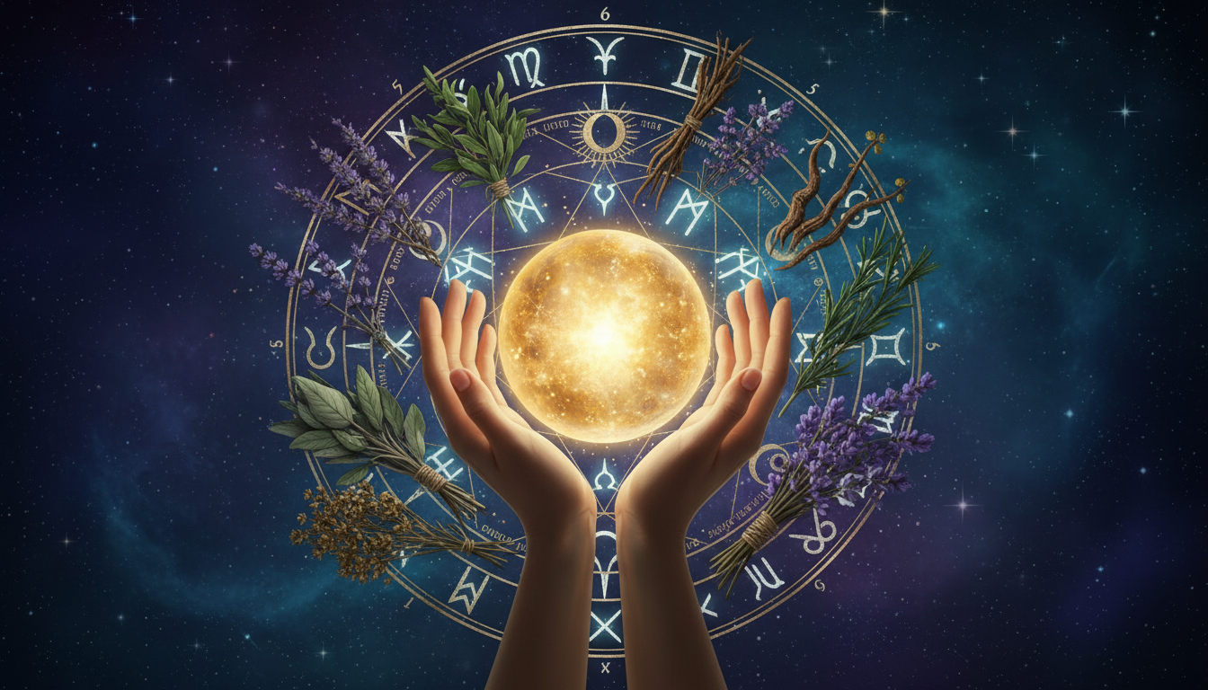 символично изображение на ръце, които държат светеща сфера, заобиколени от древни руни и билки