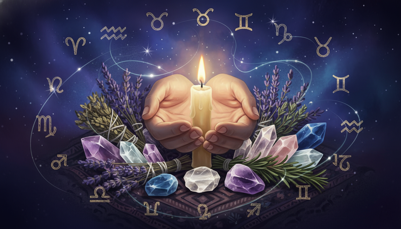 ръце, които държат запалена свещ, обградена от билки и кристали, в атмосфера на спокойствие