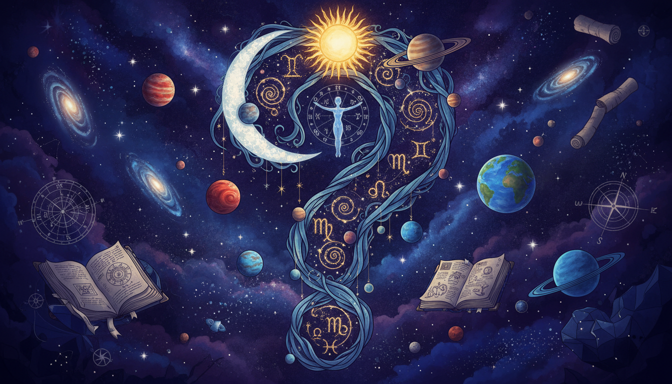 голям въпросителен знак, декориран с астрологични символи и планети