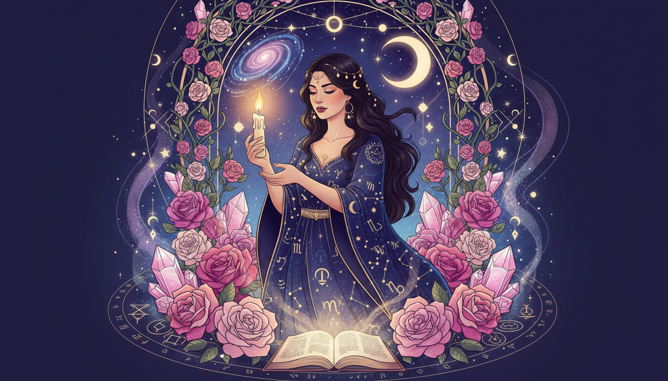 Жена, държеща горяща свещ в романтична обстановка, заобиколена от цветя и розови кристали