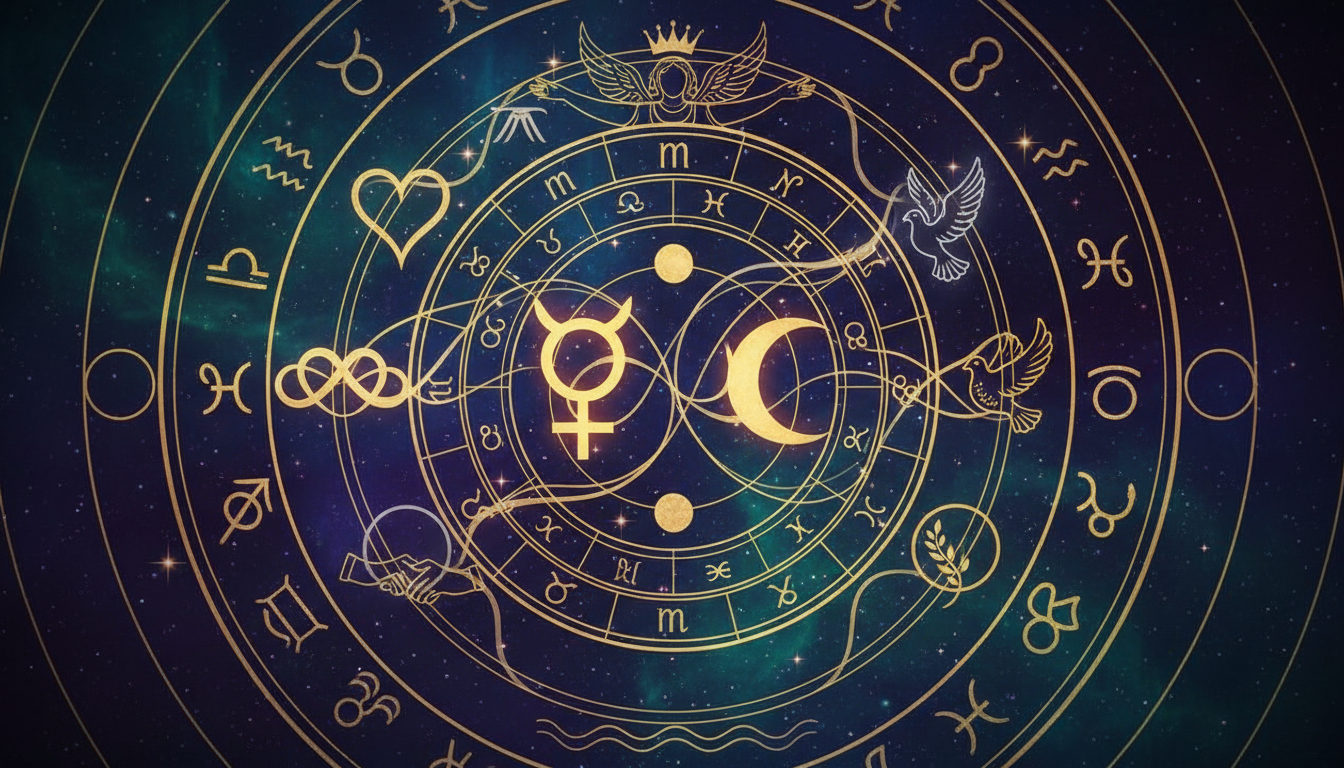 Астрологична карта, показваща позицията на Венера и Луната, с добавени символи за любов и хармония