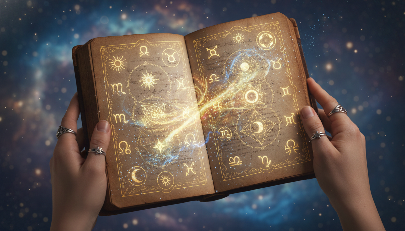 Ръце, които държат отворена книга с магически символи и светещи думи