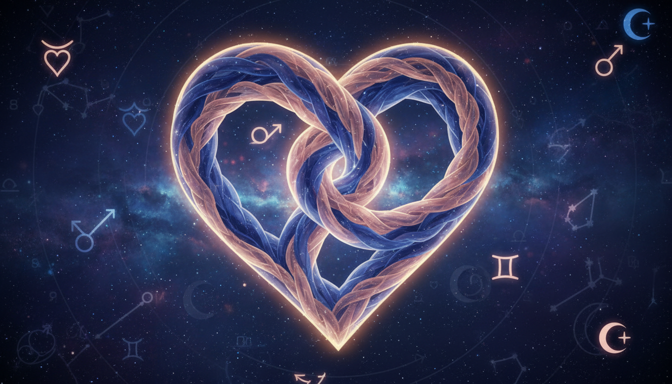 Среща на две души, символизирана от преплитащи се светлинни нишки, на фона на сърце