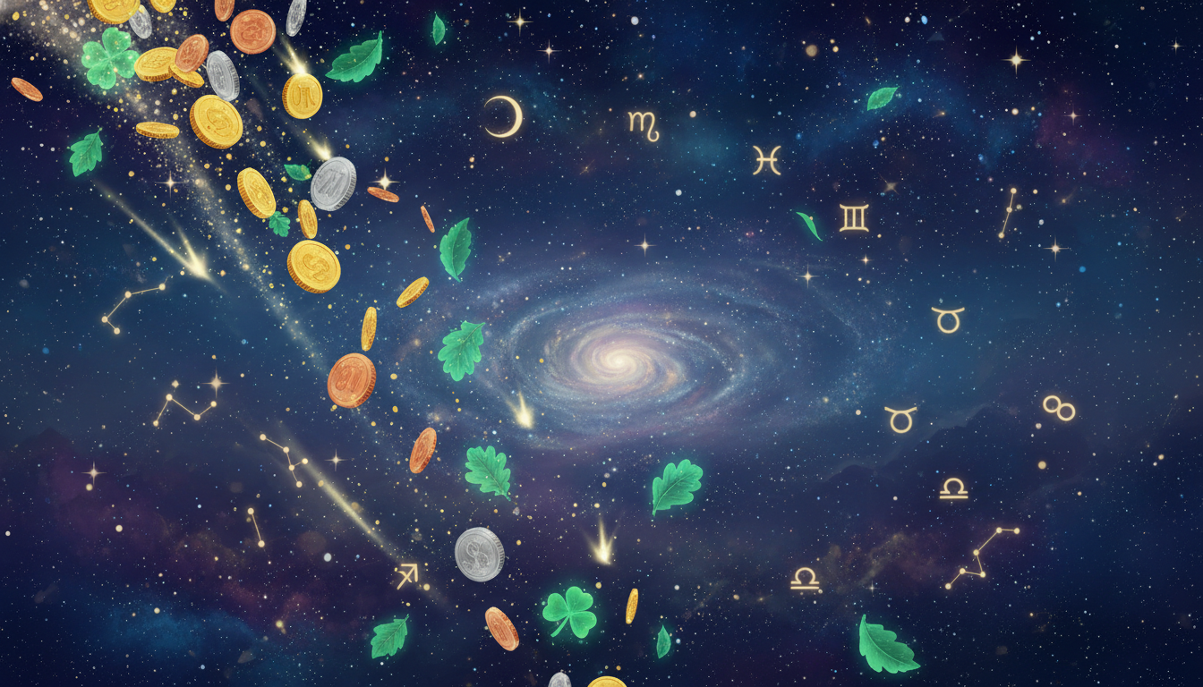 Звездно небе с падащи монети и зелени листа