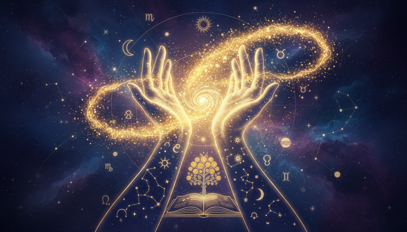 Стилизиран поток от златиста енергия, преминаващ през ръце