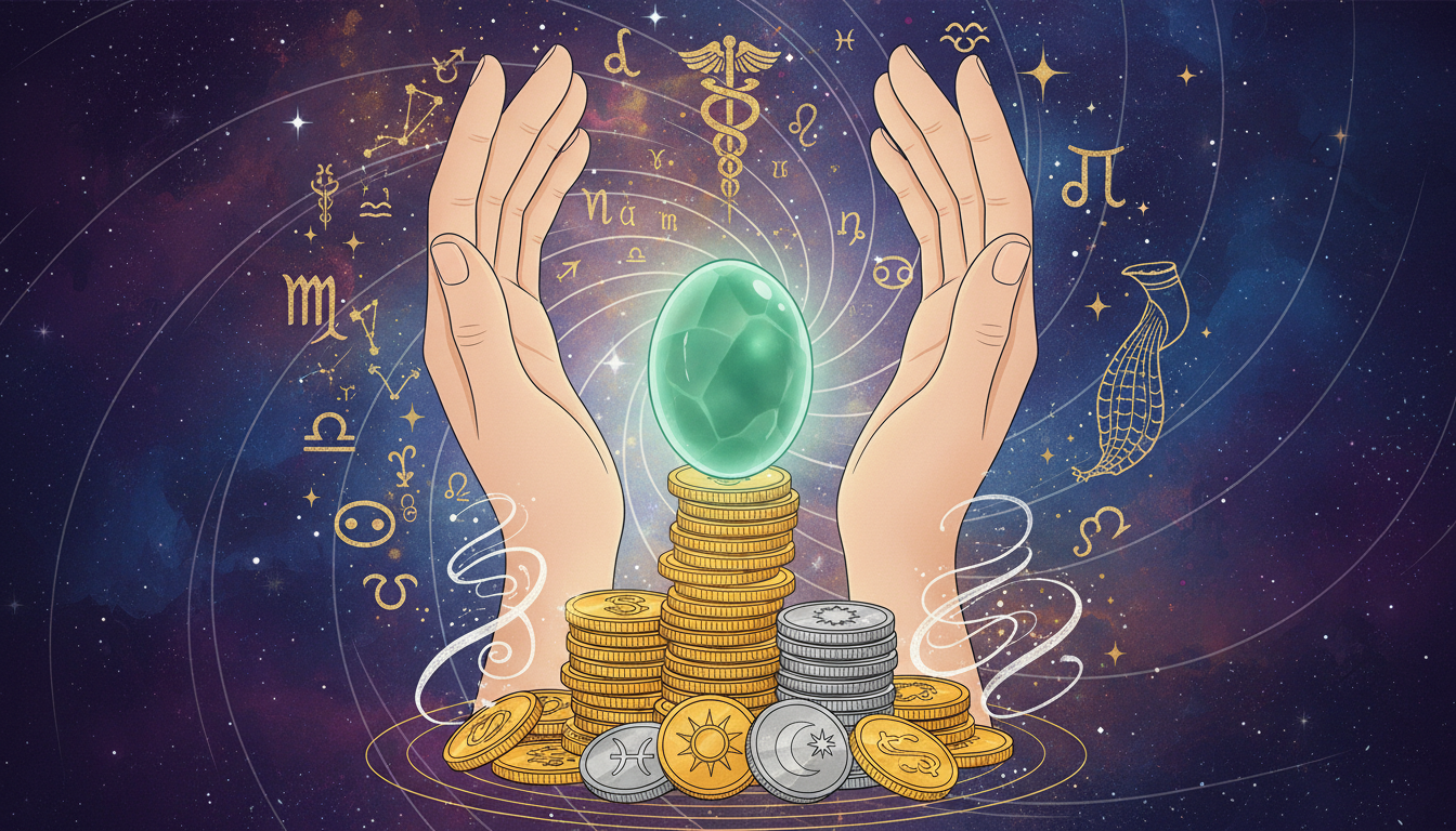 Ръце, държащи зелен авантюрин и купчина монети