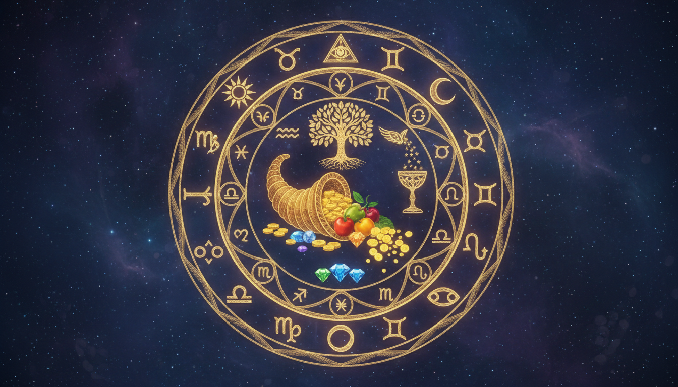 Мандала, изградена от златни нишки и символи на изобилие