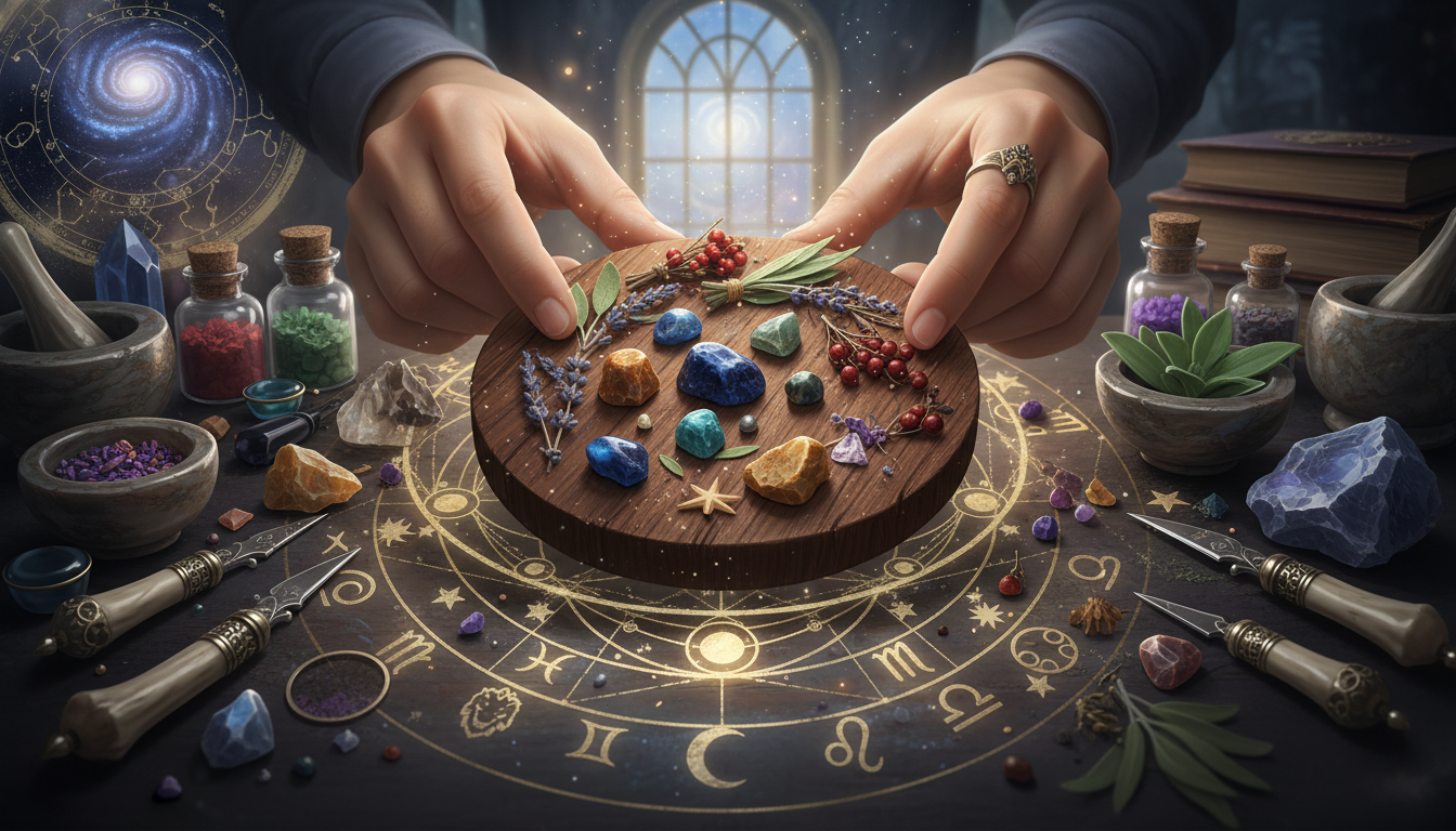 ръце, които изработват амулет от естествени материали като дърво, камъни и билки