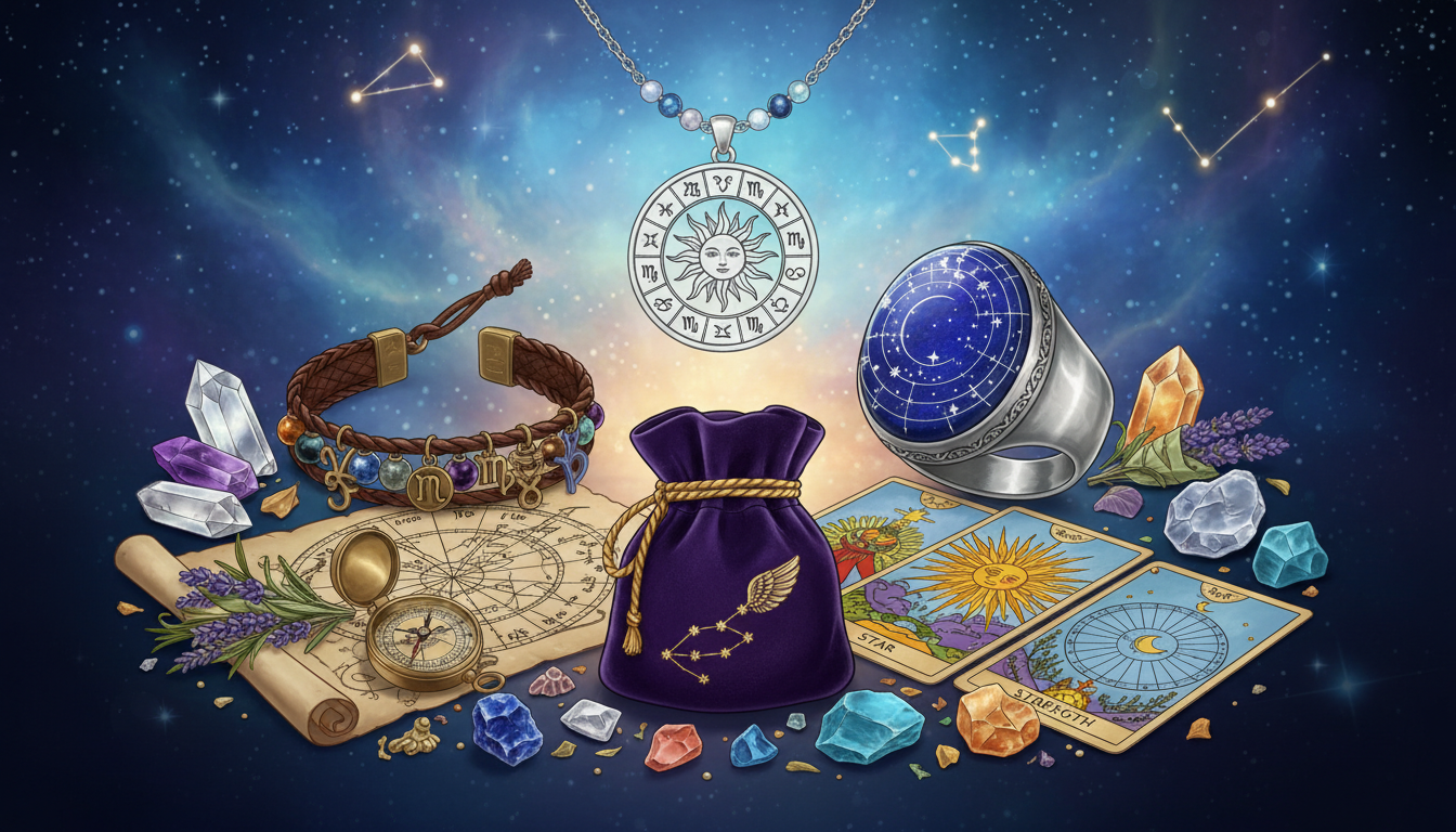 снимки на различни видове амулети и талисмани - колие, гривна, пръстен, мешочек