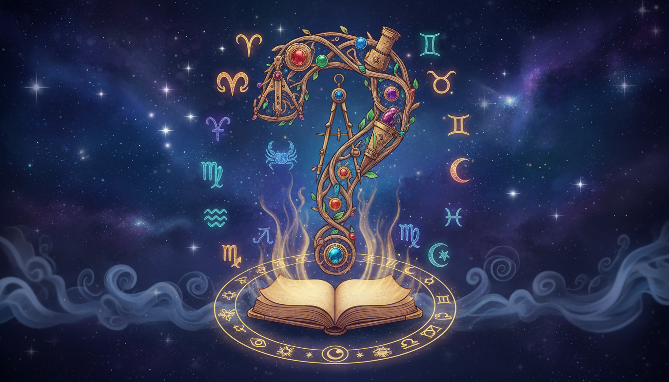 въпросителен знак с астрологични символи и мистична атмосфера