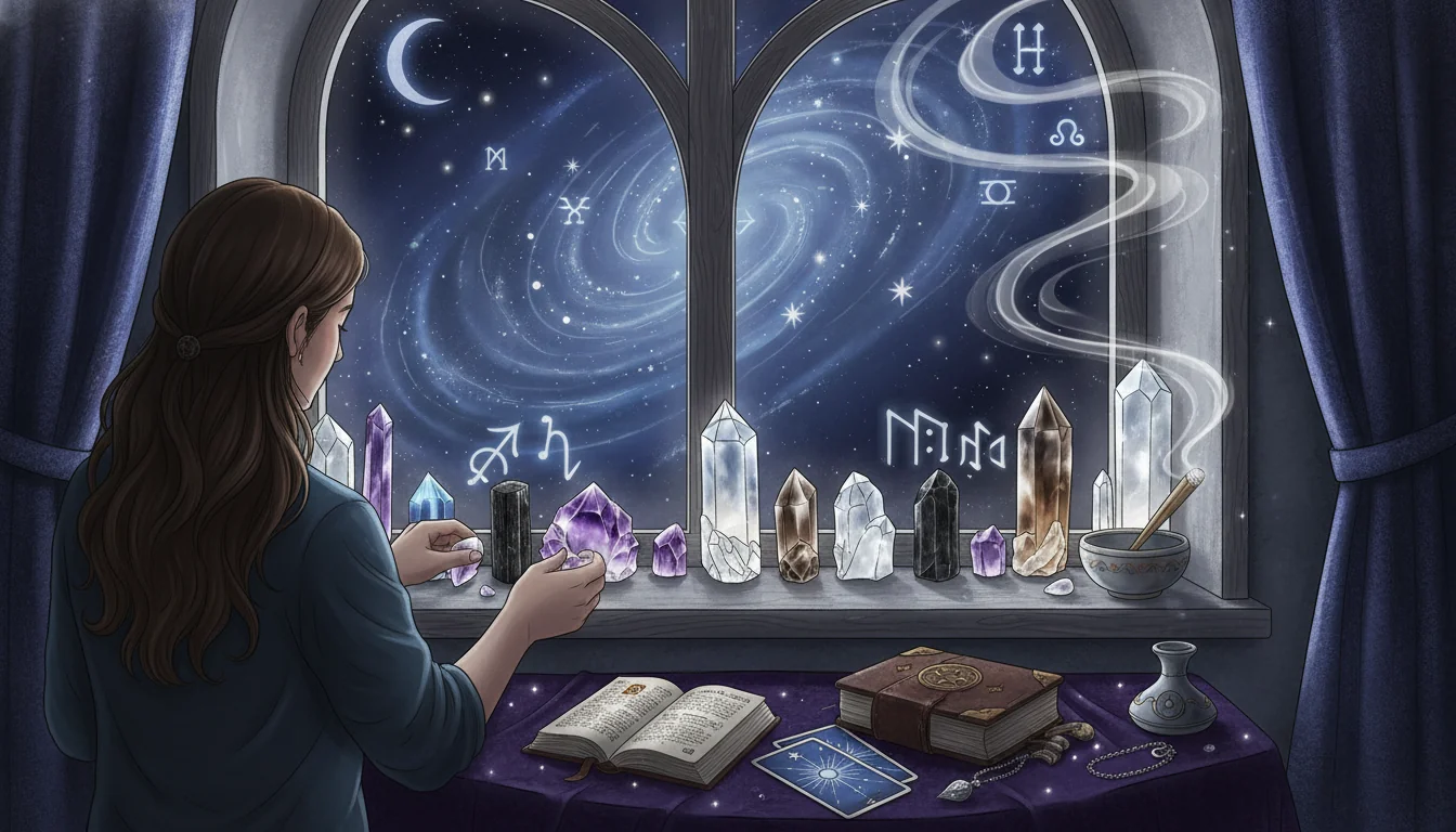 Човек, който поставя кристали по перваза на прозореца