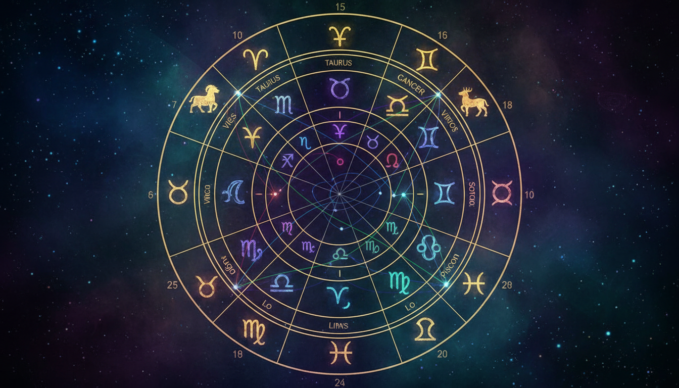 сложна и детайлна натална карта с планети, знаци и домове, излъчваща мистична светлина