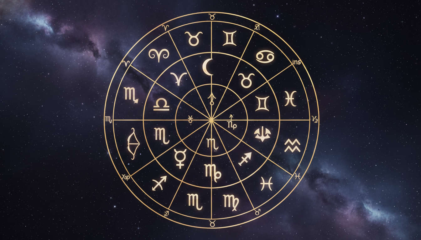 схематично изображение на натална карта, разделена на 12 сектора (домове), със зодиакални символи по периферията