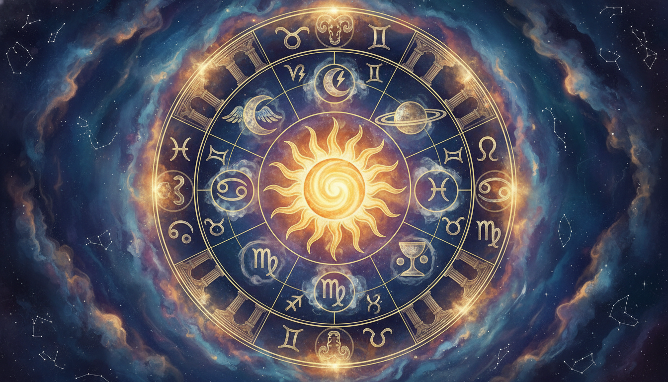 колаж от символи на зодиакални знаци, планети и домове, преливащи един в друг