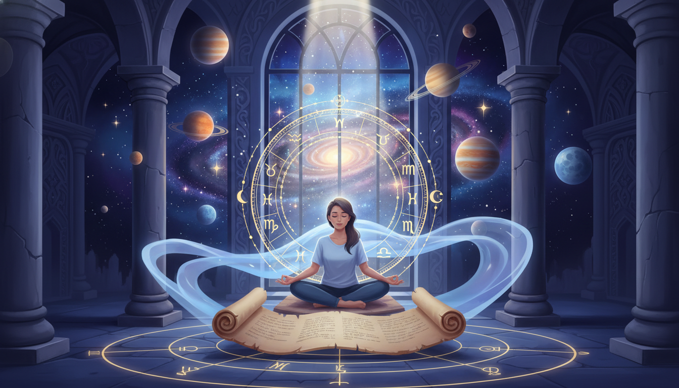 човек, който медитира пред отворена натална карта, осветена от звездна светлина