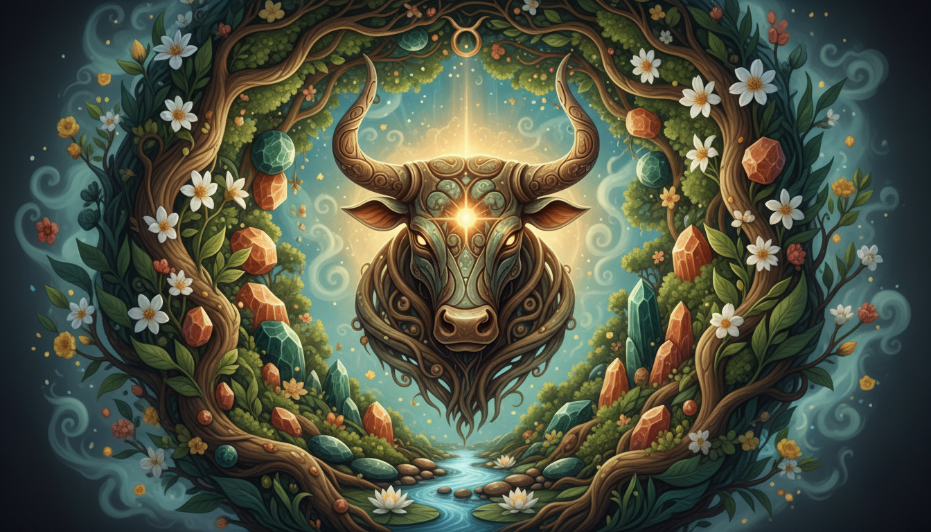 Символът на Телеца (бик) заобиколен от зеленина и земни елементи, излъчващ спокойствие и сила