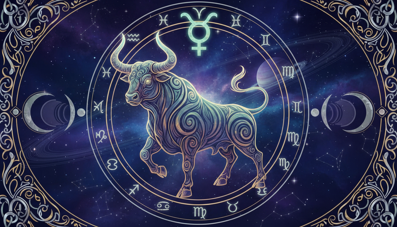 Символът на Телеца (бик) със зодиакален кръг и планетата Венера, изобразен стилизирано
